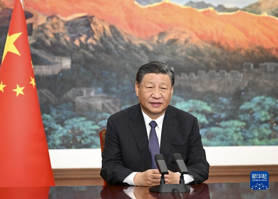 11月8日上午，國家主席習近平向2023年世界互聯網大會烏鎮峰會開幕式發表視頻致辭。新華社記者 李學仁 攝