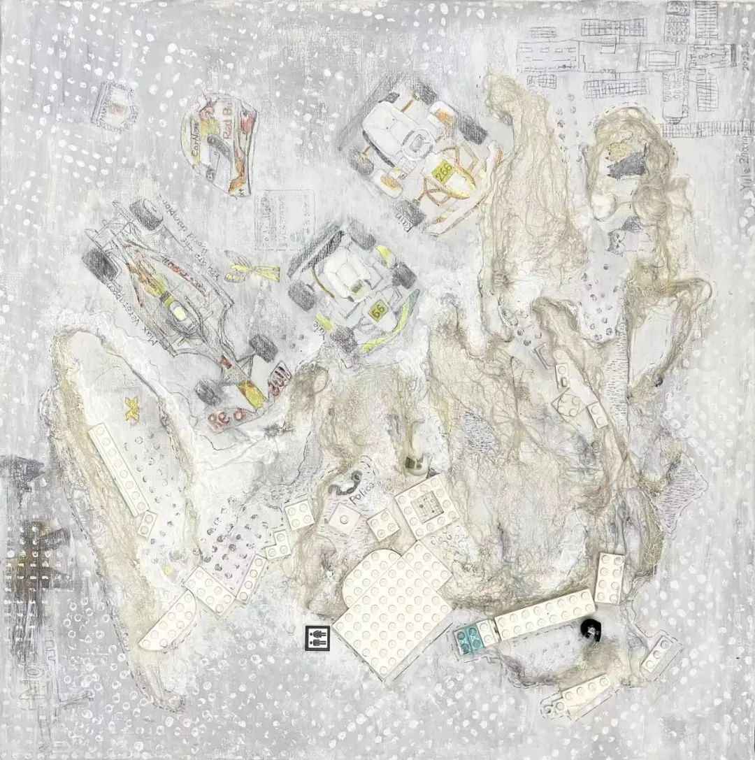 《我的世界》  作者：張容有 尺寸：50x50cm 材料：丙烯、色粉筆、綜合材料 創作年齡：9歲    最具藝術獎