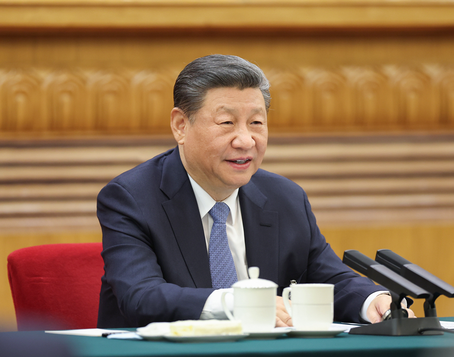 3月5日，中共中央總書記、國家主席、中央軍委主席習近平參加他所在的十四屆全國人大二次會議江蘇代表團審議。新華社記者 鞠鵬 攝