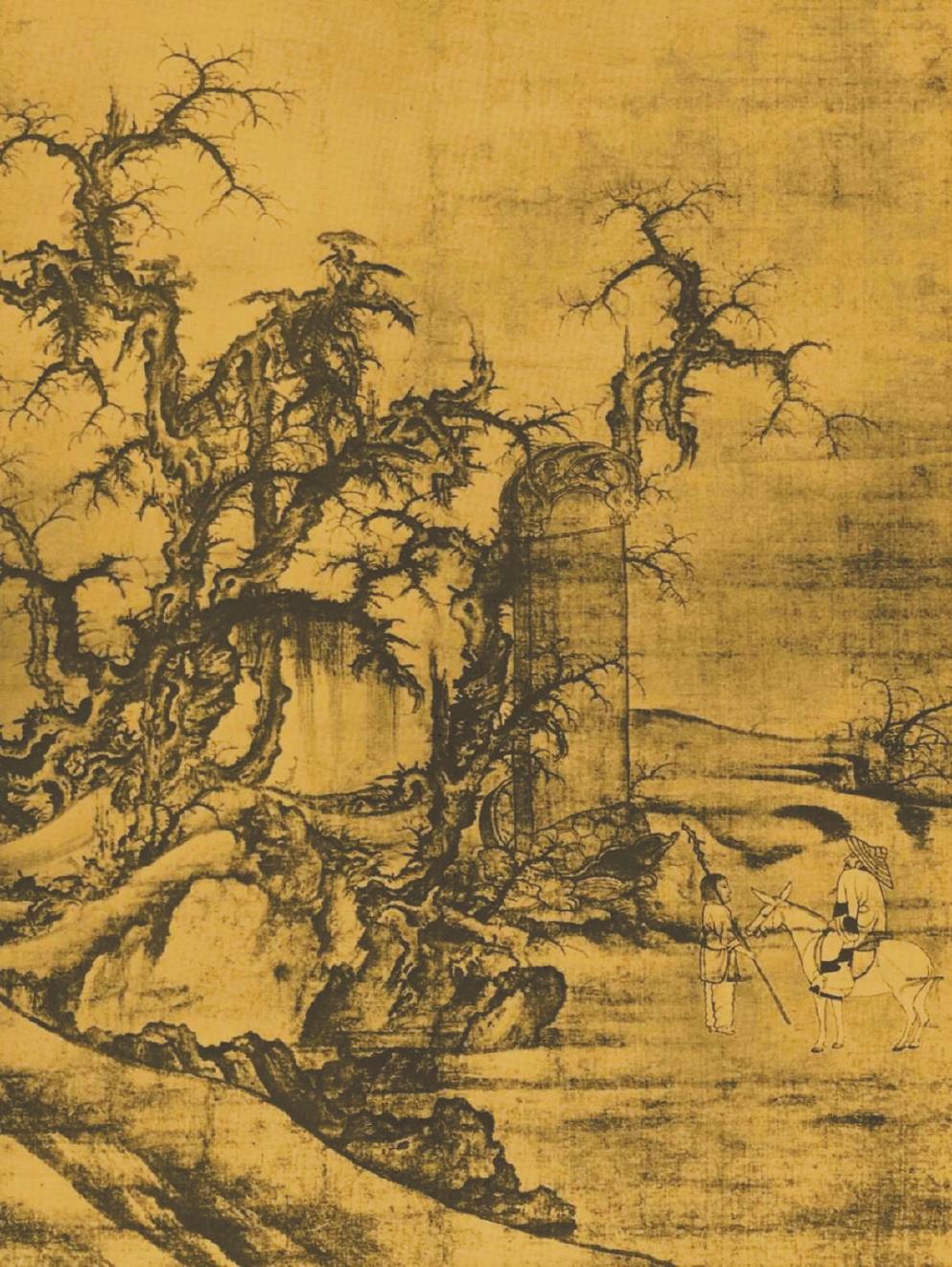 《黑神話：悟空》中的室外場景，隨處可見中國古代山水畫的影子。左圖為游戲畫面，右圖為北宋李成《讀碑窠石圖》。